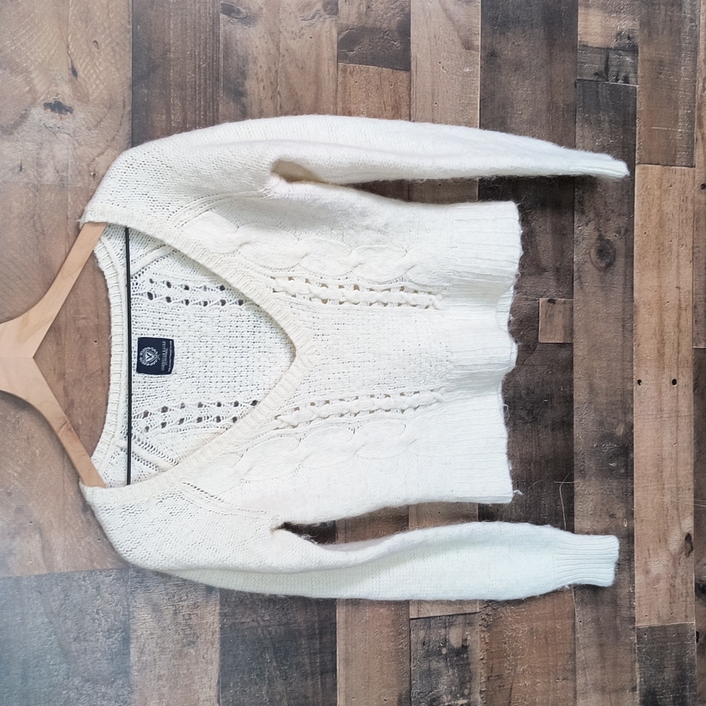 American Eagle Wool Alpaca Blend Cable Knit Cream White Crop Sweater Sz L Women